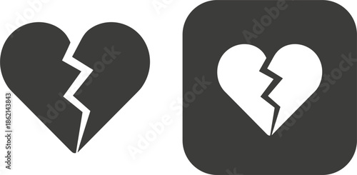 Two Icons of a Broken Heart Symbol in Dark Gray and White Keywords: heart, broken, love