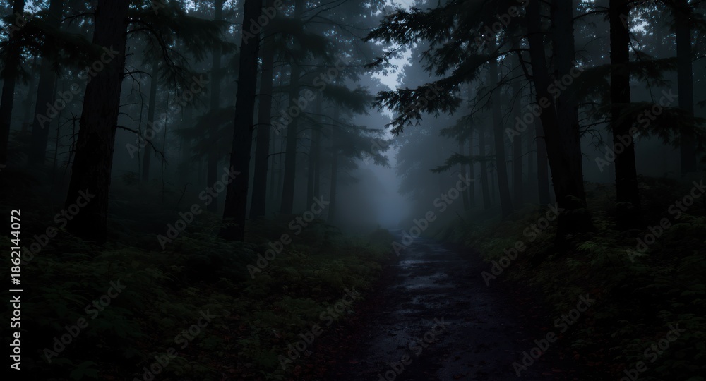 Fototapeta premium A misty, dark forest scene with a dirt path winding into the foggy distance