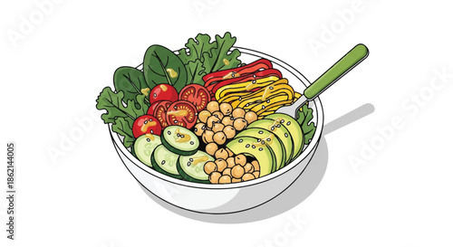 Colorful bowl of fresh vegetables and greens prepared as a healthy, vibrant meal.