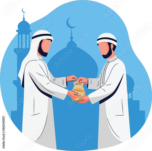 Islamic zakat charity giving: muslim men exchanging money during ramadan. eid mubarak celebration.