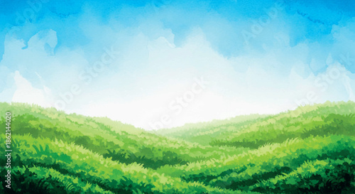 A serene landscape with rolling green hills under a bright blue sky