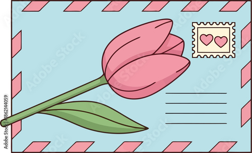 Pink tulip flower on love letter envelope illustration for romantic spring greetings