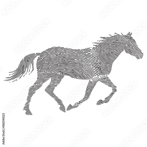Majestic horse silhouette formed by intricate fingerprint patterns, symbolizing unique identity and spirit.