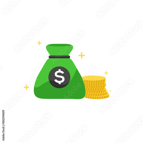 Green money bag with dollar sign and stack of gold coins, representing wealth and financial success
