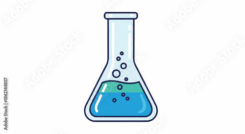 Blue liquid in laboratory flask illustration with bubbling chemistry.