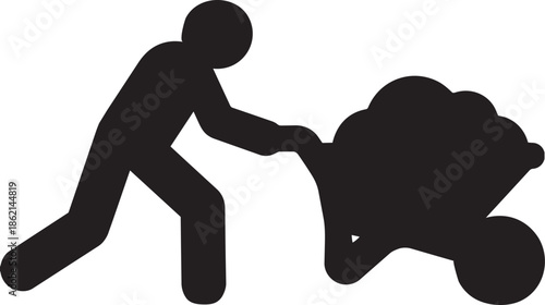 Man pushing wheelbarrow load of construction debris or garden waste icon silhouette vector graphic illustration