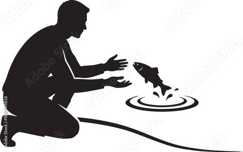 Man releasing fish into water silhouette vector illustration concept artwork wild animal