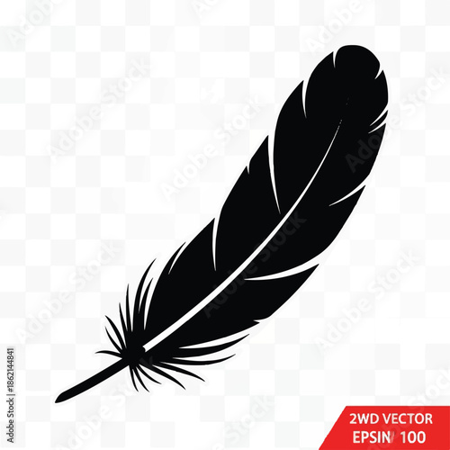 Elegant black feather illustration on transparent background for design projects.