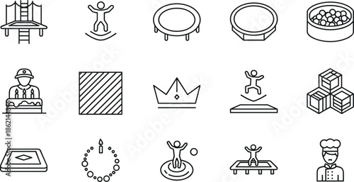 Collection of playground line icons featuring trampolines, ball pits, jumping kids, birthday cakes, crowns, chefs, and indoor fun park activities.