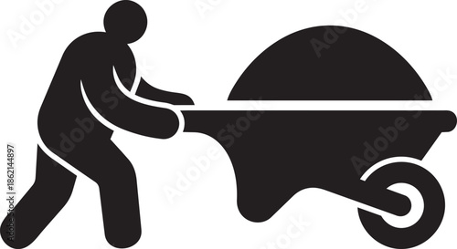 Manual worker pushing heavy wheelbarrow full of construction material dirt or gardening soil silhouette vector