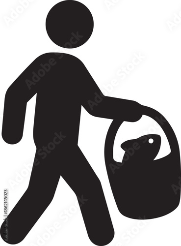 Person walking carrying basket with fish silhouette icon simple design