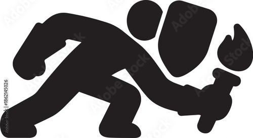 Person with torch and shield silhouette icon vector illustration on transparent background