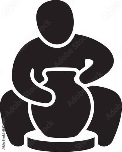 Pottery maker craftsman silhouette shaping clay vase on potter wheel workshop icon vector art