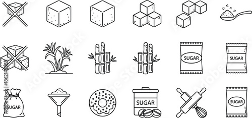 Collection of professional sugar icons featuring refined cubes, sugarcane plants, granulated packets, baking tools, sweet donuts, and sugar free symbols