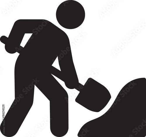 Silhouette icon of construction worker digging earth with shovel representing manual labor and excavation work