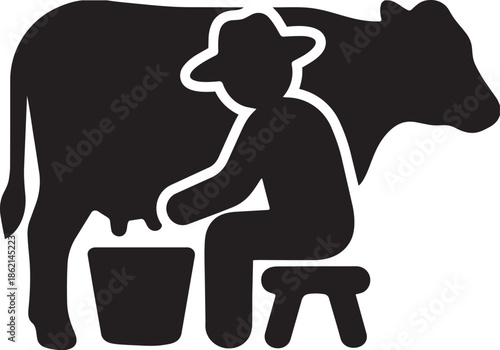 Silhouette of a man milking a cow into a bucket on a transparent background
