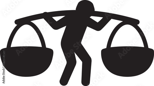 Silhouette of a person carrying two baskets with a shoulder pole on a transparent background