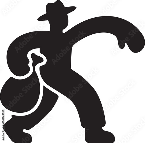 Silhouette of a man wearing a hat and carrying a sack on his shoulder