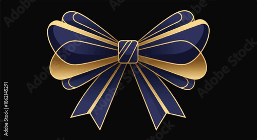 Elegant blue and gold ribbon bow graphic on black background with decorative design.