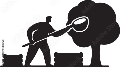 Silhouette of person watering tree with watering can from barrels, symbolizing conservation