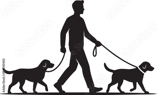 Silhouette of person walking two dogs on leashes in park or outdoor setting