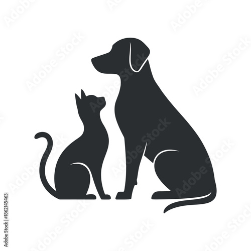 A simple black silhouette depicts a seated dog looking down at a small cat