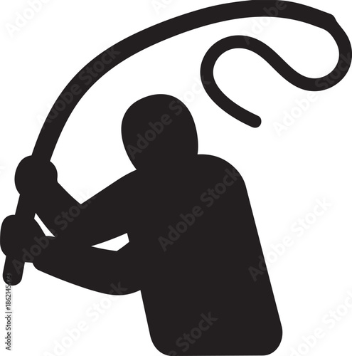 Silhouette of person wielding sharp whip overhead ready to strike strong action pose