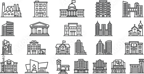 Collection of Twenty Four Linear City Building Icons Including Hospital School Hotel Factory Church Theater
