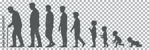 A visual representation of the human life cycle from infancy to old age depicted as silhouettes