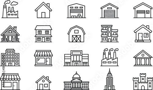 Comprehensive Architecture and Real Estate Line Icon Set Featuring Houses Factories Warehouses Barns Stores Skyscrapers Government Buildings Castles and Residential Properties