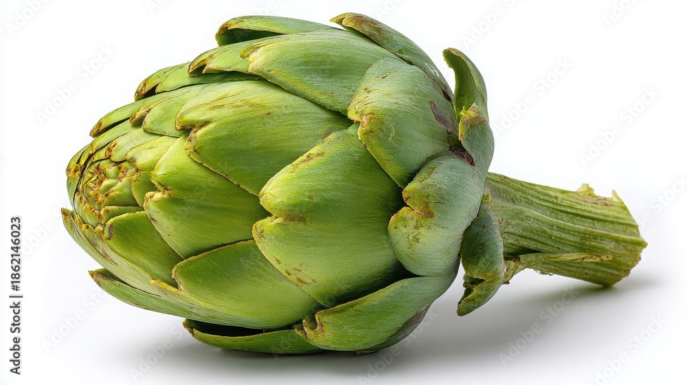 Obraz premium Fresh and Vibrant Green Artichoke on a White Background, Perfect for Culinary Arts, Healthy Eating, and Organic Food Themes