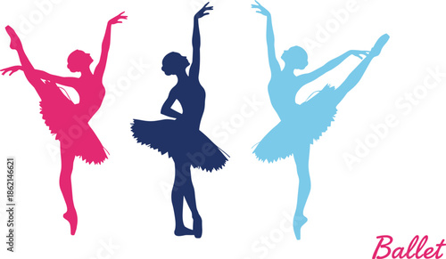 Colorful ballet dancer silhouettes, elegant classical dance poses, female ballerina tutu illustration, graceful movement art, performing arts concept, modern graphic design, isolated white background