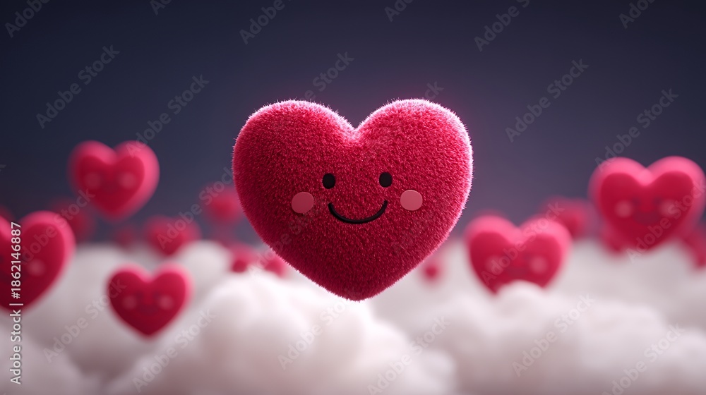 Obraz premium Plush Pink Heart: Smiling Fuzzy Love Symbol in Clouds
