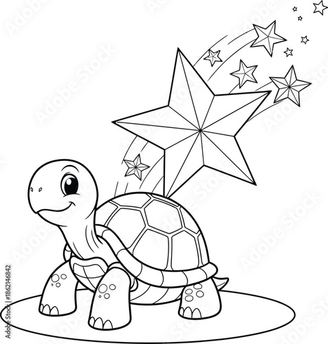 Cute Cartoon Turtle with Shooting Star and Sparkles, Black and White Line Art Illustration for Kids Coloring Book, Fantasy Animal Character Outline Drawing
