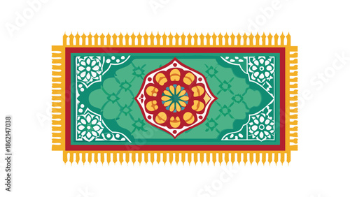 Vector design of a prayer mat with traditional floral and geometric patterns, top view, isolated.