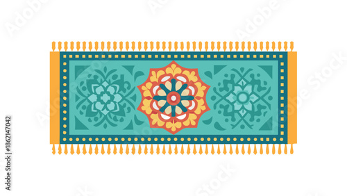 Vector design of a prayer mat with traditional floral and geometric patterns, top view, isolated.