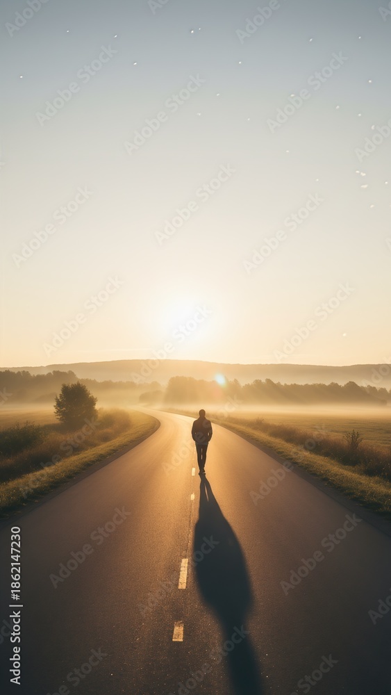 Fototapeta premium Person Walking Alone On Empty Road At Sunrise New Beginning Concept