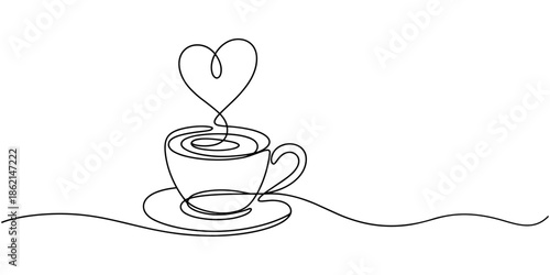 Self drawing line animation Coffee or tea cup with heart continuous one single line drawn concept video, Full length one line animation of cup of coffee with heart shape, Minimalist style single line.