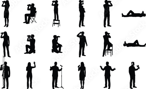 Photographer silhouettes collection showing professional camera poses standing sitting kneeling lying isolated on white background for creative photography concepts studio stock design inspiration set