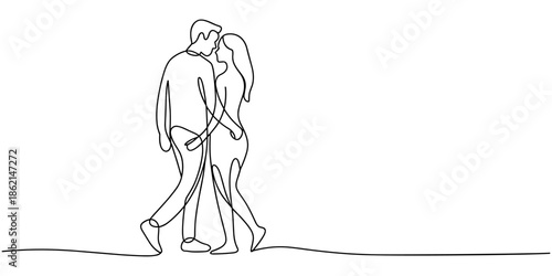 Continuous one line drawing young couple holding hands and walking together, Happy couple in continuous line art drawing style