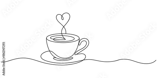 Self drawing line animation Coffee or tea cup with heart continuous one single line drawn concept video, Full length one line animation of cup of coffee with heart shape, Minimalist style single line.