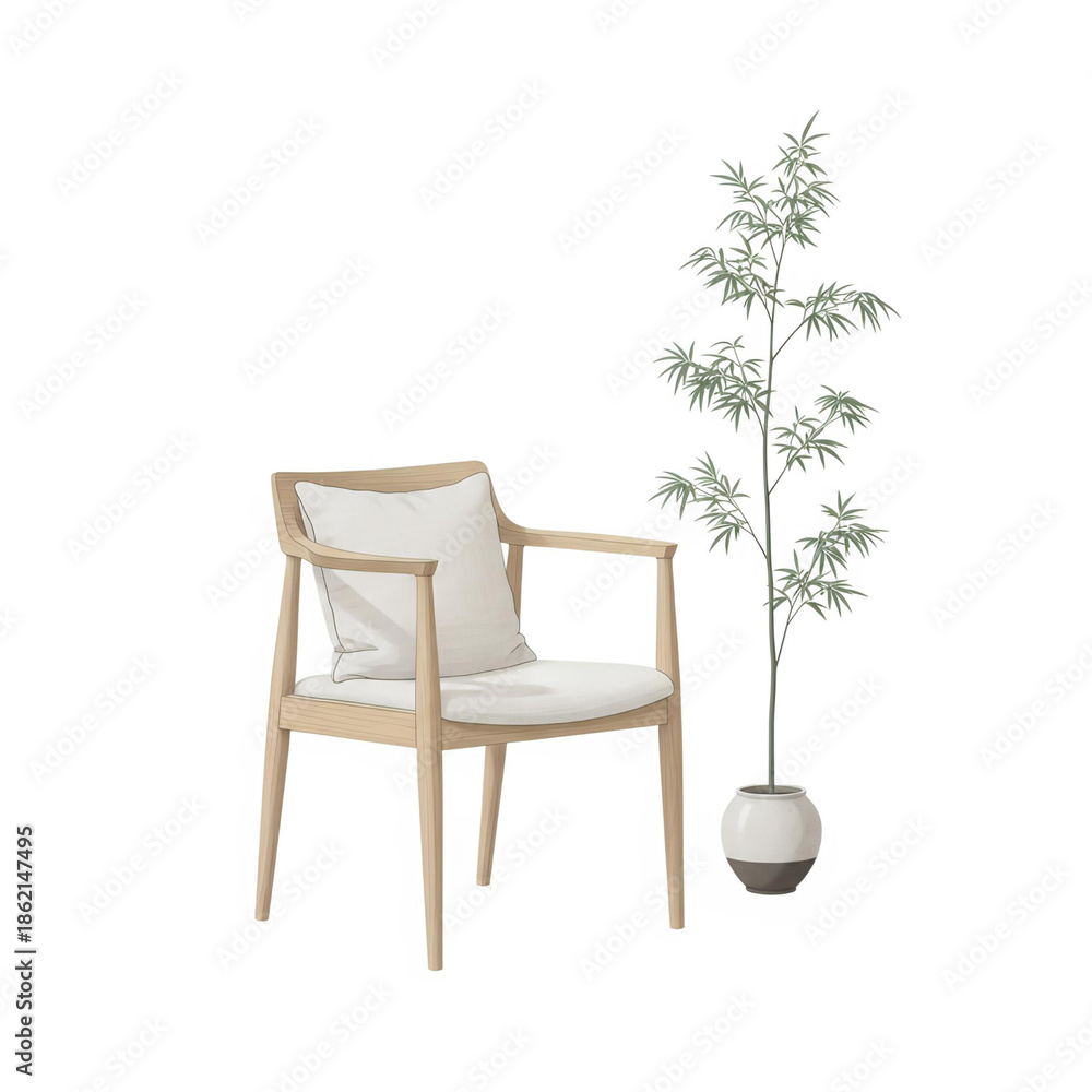 Fototapeta premium Minimal Japandi Summer Interior Illustration Isolated on White