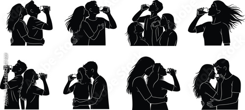 Romantic couple silhouettes drinking beverages together, love relationship moments, black illustration set, man and woman intimacy, nightlife celebration concept, minimal modern flat design artwork