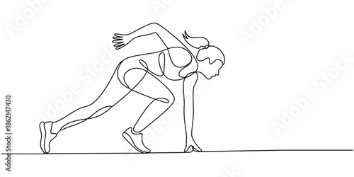 One single line drawing of young energetic woman runner ready to sprint at start line vector illustration. Healthy sport training concept. Modern continuous line draw design for running race banner