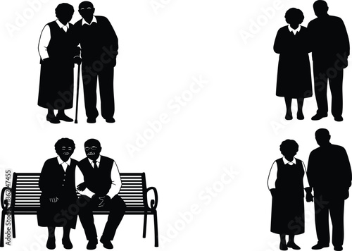 Elderly couple silhouette collection showing love, companionship and togetherness in different poses, senior family life illustration set