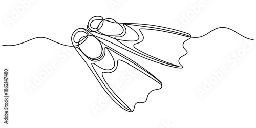 One continuous line drawing wetsuit, swimsuit, regulator, oxygen, mask, snorkel goggle and fins. Water sport scuba diving equipment concept. Dynamic single line draw design vector