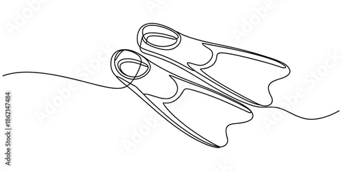 One continuous line drawing wetsuit, swimsuit, regulator, oxygen, mask, snorkel goggle and fins. Water sport scuba diving equipment concept. Dynamic single line draw design vector