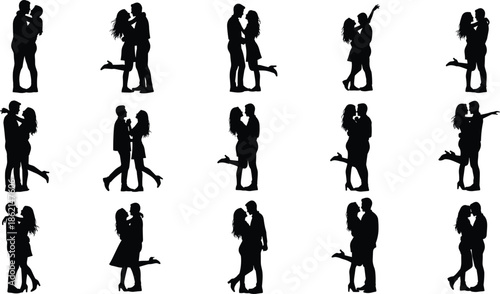 Romantic couple silhouette collection featuring hugging, kissing and affectionate poses, love, relationship and Valentine’s Day illustration set