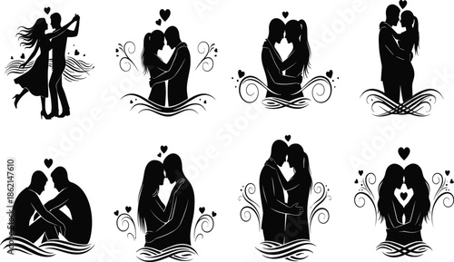 Romantic couple silhouette collection with hearts and decorative swirls, love, affection and Valentine’s Day celebration illustration set