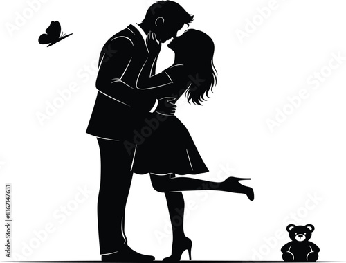 Romantic couple silhouette kissing with butterfly and teddy bear details, love, affection and Valentine’s Day emotional connection illustration